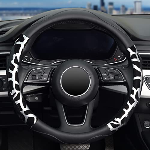 Zhol Cow Print Steering Wheel Cover, Universal 15 Inch Microfiber Leather Steering Wheel Cover For Women Men, Anti-Slip, Black&Silver #TOP1