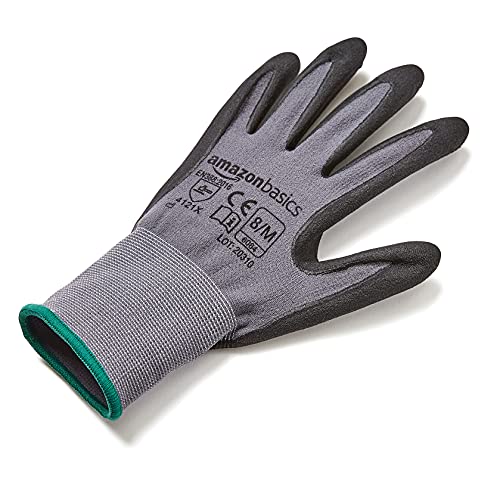 Image of Amazon Basics Micro-Foam Nitrile Coated Safety Work Gloves, Nylon Liner Fiber, Touch Screen Compatible, Grey, Size 8, Medium, 6-Pack