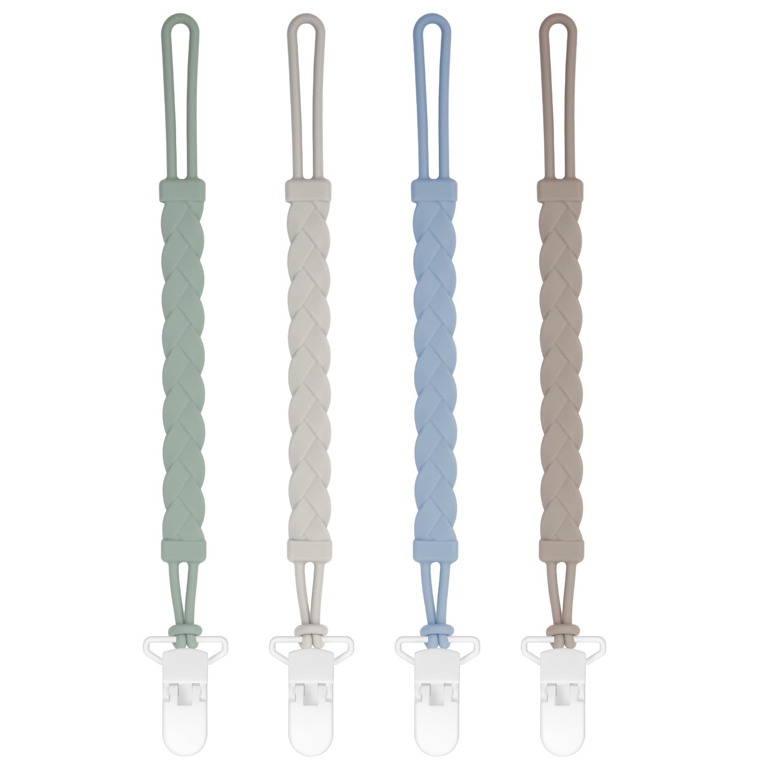 Stylish Silicone Pacifier Clips, 4-Pack Pacifier Holder with Flexible Woven Rope Design, 100% Food Grade Silicone, Easter Safe Essentials for Newborns Baby Boys and Girls