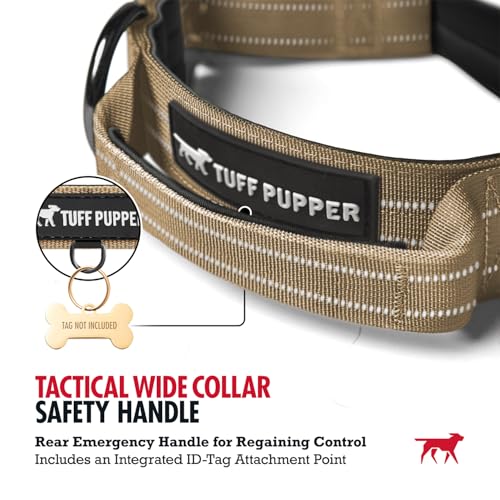 Image of Tuff Pupper Tactical Dog Collar | Heavy Duty 1.5 inch Wide Ballistic Nylon | Training Control Handle | Quick-Release Metal Buckle | Reflective Bands | ID Tag Holder | Padded Inner Lining (Tan, Medium)