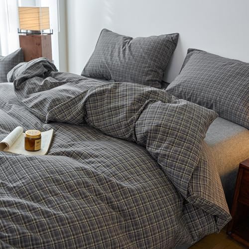 Image of EAVD Vintage Style Grey Plaid Gingham Duvet Cover King 100% Washed Cotton Like Linen Feel Soft Grid Plaid Bedding Set with 2 Pillowcases Farmhouse Grid Geometric Pattern Duvet Cover with Zipper