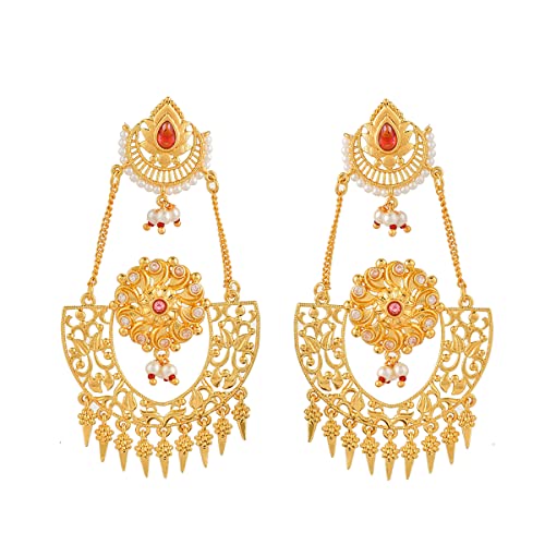 Image of Voylla Abharan Red Stones and Pearls Opulent Drop Earrings
