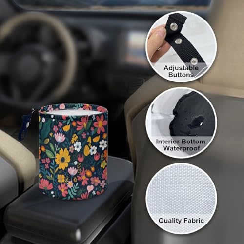 Image of Colorful Flowers Car Garbage Trash Can Collapsible Trash Rubbish Bin Basket Bag Portable Cup Holder Organizer with Strap Universal Storage Bag Box for Front Seat, Back Seat, Headrest