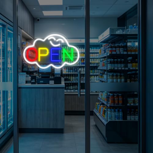 Image of Cloud Open Neon Sign For Business, Rainbow Open Welcome LED Light | USB Powered Dimmable Cloud Open Window Decor Stores Restaurants Offices Shops Bar Cafe Wall Decoration, 16.7 inchx10.6 inch