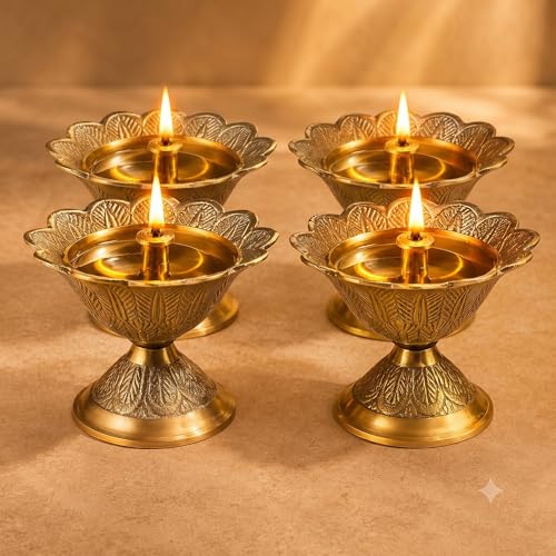 Image of Pure Source India Brass Akhand Diya /Oil Lamp for Pooja, Mandir and Home Decoration (L-2.75inch) 4pcs