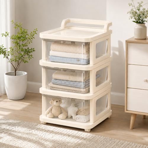 Image of Heavy Duty Plastic Storage Drawer with Wheels | Modular Cabinet for Bedroom, Office, Home or Classroom| Chest of Drawers Organiser for Cosmetics, Kitchen items, Toys (White Transparent, 3)