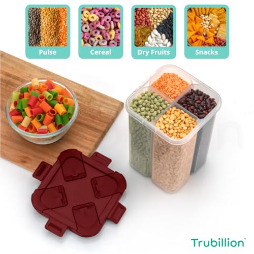 Image of SplitBox - Pack of 2, 4-Section Kitchen Food Storage Container,2000ml BPA-Free Transparent,Black Lid,Removable Divider,Freezer Safe,Stackable,Space Saving,Pulses,Snacks,Dry Fruits (Maroon)