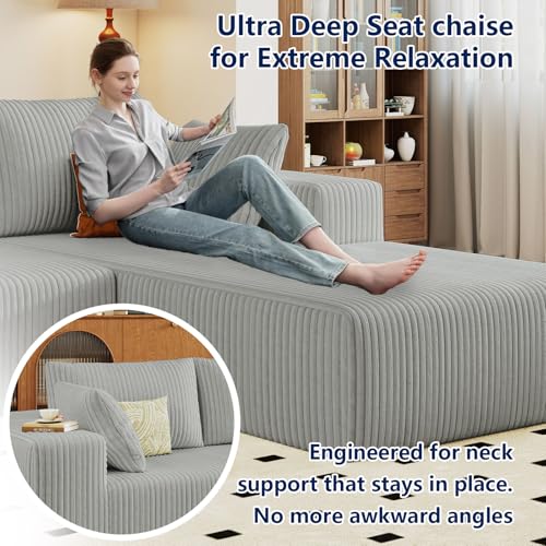 Image of 96 inch Modular Sectional Sofa, Modern Corduroy Cloud Couch with Deep Seat, Boneless Couch Upholstered 3-Seater L-Shaped Sofa for Living Room, No Assembly Required (Light Grey, Right-Facing Chaise)