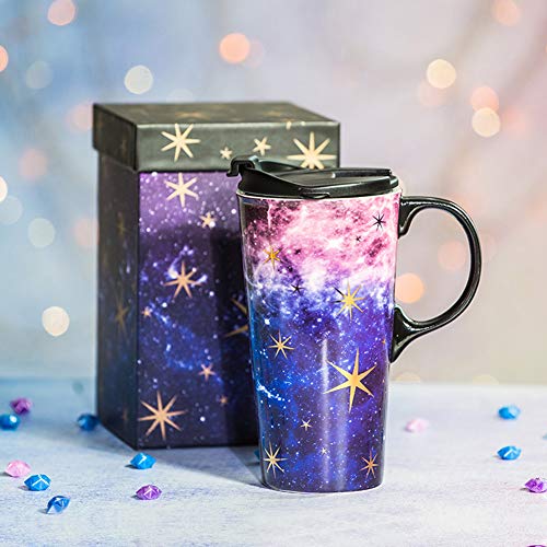 Topadorn Christmas Ceramic Travel Mug Coffee Cup 17 Oz, With Sealed Lid And Gift Box For Christmas Holiday, Purple Starry Sky #TOP1