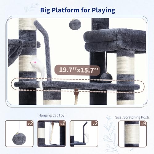 Image of Gitelsnour Cat Tree, 63'' Cat Tower for Large Cats, Big Hammock GCT020G | Cat Condo, Cat Scratching Posts for Indoor Adult Cats, 4 Platforms( 2 Big 2 Small), 2 Baskets, Sisal Rope, 4 Toys, Smoky Gray