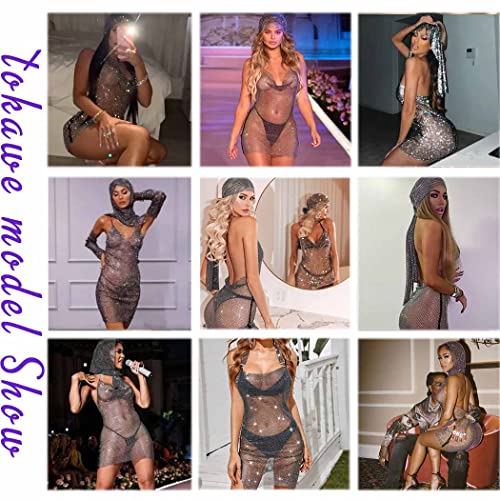 Yokawe Sexy Rhinestone Short Dressed Black Glitter Crystal Slit Bodycon Dress Backless Rave Cocktail Body Chain Clubwear Party Body Accessories Jewelry For Women And Girls (Dress) #TOP6