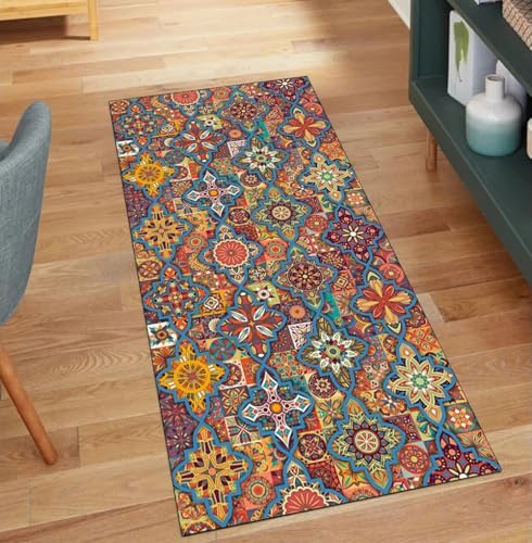 QQrunner Alfombra boho multicolor, antideslizante, 50 x 200 cm, alfombra de cocina, lavable, por metros, larga, para pasillo, poliéster, salón, alfombra atrapa la suciedad