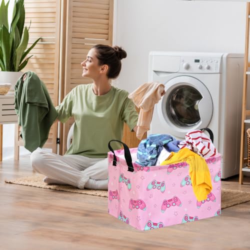 Image of MAIZMZ Girls Storage Basket,Pink Controller Print Kids Hamper,Waterproof Lining, Leather Handles, Collapsible for Gamer Girls, Toys, Clothes, Gift Basket