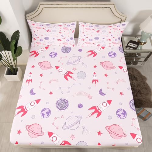 Image of Girls Space Rocket Print Bed Sheet Set for Kids Boys Teens Pink Galaxy Constellation Cosmonaut Spaceman Full Size Fitted Sheet Outer Space Themed Bedding Sheet Universe Planets Comforter Cover
