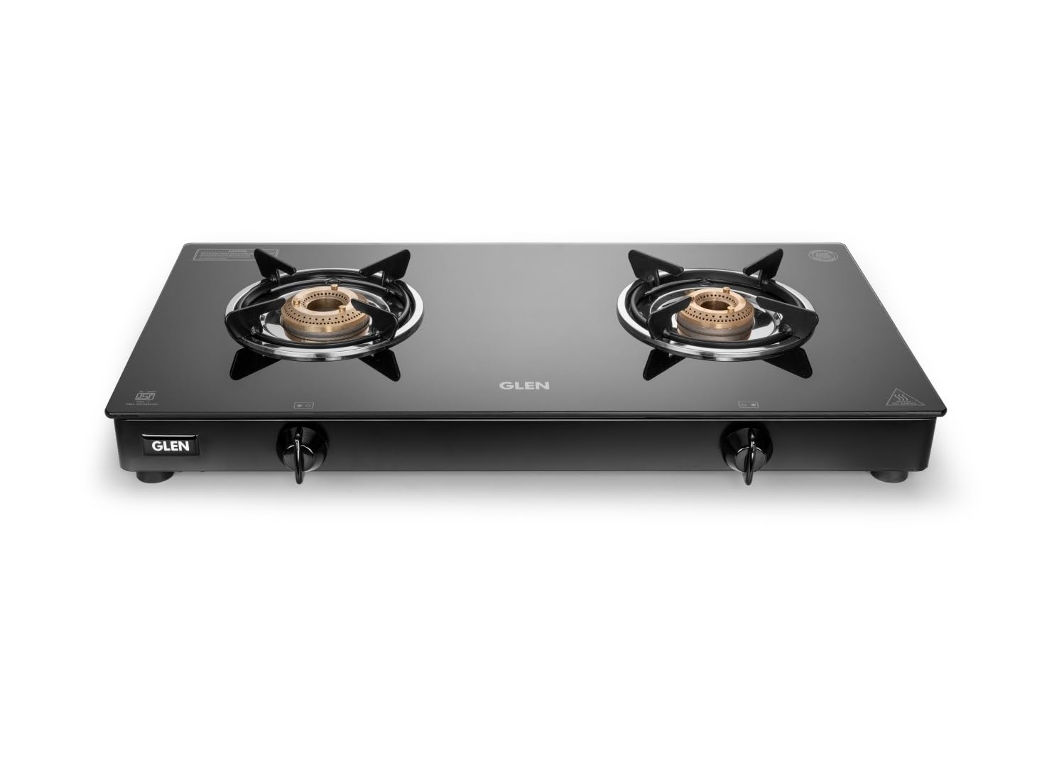 GlenGlen Apex 2 Burner LPG Gas Stove | 6mm Toughened Glass Top | Brass Burners | ISI Certified | Manual Ignition | Black with Drip Trays & Revolving Inlet Nozzle | 2 Year Warranty (CT2B66BLBB)