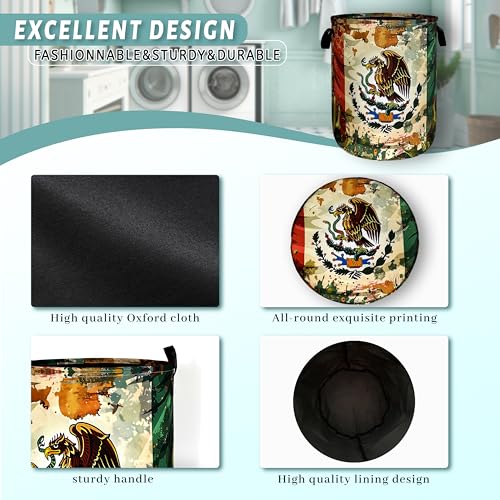 Image of Retro Mexican Flag Laundry Basket Oxford Cloth Hamper 18.9x16.5 Inch | Foldable With Handle Tote Bag Mexican Cactus Laundry Hamper Clothes Storage Bucket Toy Organizer For Bathroom /Laundry /Bedroom