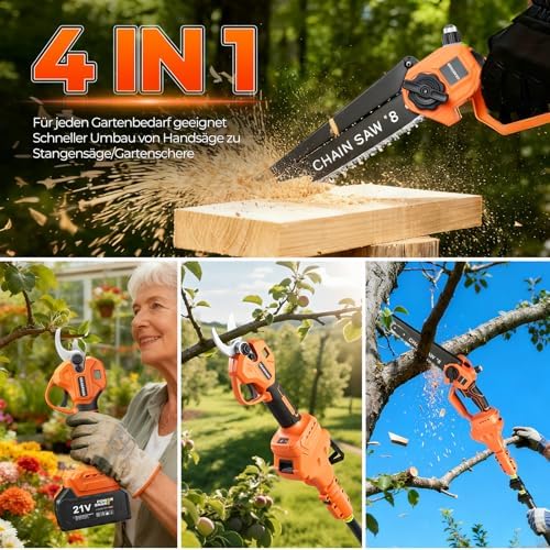 Bild 2 - 4-in-1 Akku-Hochentaster, 20cm Mini-Kettensäge & elektrische Gartenschere mit bürstenlosem Motor, automatischer Ölung 4,5 m Reichweite, 2 x 21V 4,0 Ah Akkus für Baumschnitt & Holzbearbeitung