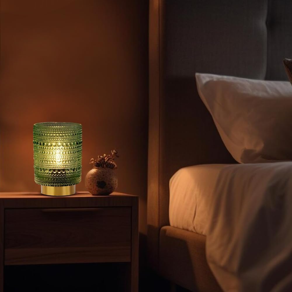 JHPGEOE Battery Operated Lamp with Timer, Cordless Table Lamps for Room Decor,Small Table Lamp with LED Bulb, Glass Lamps Beside Table Light for Living Room,Bedroom (Green)