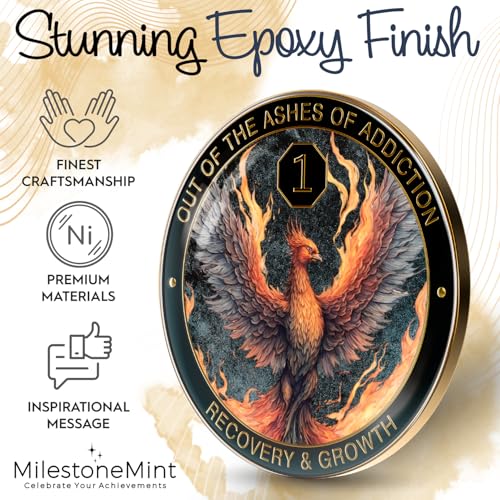 phoenix sobriety coin  aa chip medallion gift set with coin capsule display stand amp card for sober men amp women in recovery  sobriety gifts for anniversary month amp year 1 year