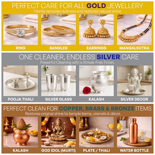 Image of Gold, Silver & Copper Cleaner Combo | Jewellery & Metal Cleaning Kit | Tarnish Remover, Shine Restorer | Scratch-Free & Non-Toxic 60ML Each