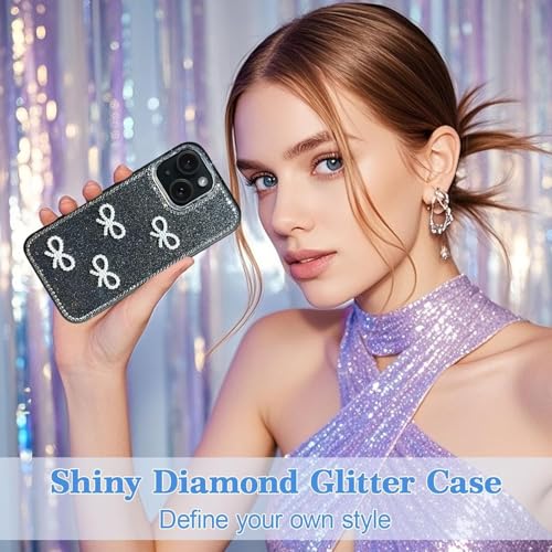 Image of DIZORO Compatible for iPhone 14 Cover 6.1, Luxury Diamond Cute with Bow Glitter Bling Case with Full Camera Protection Shockproof PC+TPU Glossy Shiny Back Cover Case for Girls Women (Black)