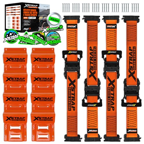 XSTRAP STANDARD Wheel Chock E-Track Tie Down Straps Kit, 4 Pack 2' x 9FT Over-The-Tire Ratchet Straps with Steel Wheel Chocks, 1466 lbs WLL for ATV, UTV, Lawn Mower, Trailer Hauling, Orange
