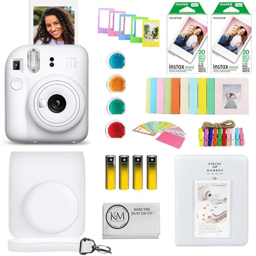 Image of FUJIFILM INSTAX Mini 12 Instant Film Camera | Clay White Bundled with INSTAX Mini Instant Film |40 Exposures + Instax Accessory Bundle + AA Batteries + Cleaning Cloth (10 Items)
