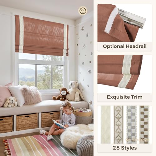 Image of TWOPAGES Isabella No Drill Cordless Roman Shade Linen Textured Cotton Roman Blind for Windows, Custom Made Room Darkening Blackout Roman Window Shade, Hardware Included, Rust Red, 1 Piece