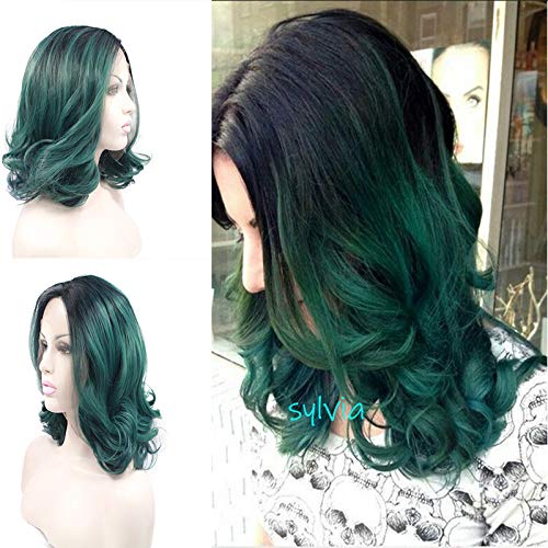 Sylvia Mixed Green Short Haircut Lace Front Wigs with Dark Roots 14inch Fashion Wave Bob Synthetic Wigs Natural Hairline Half Hand Tied Wig 140% Density Heat Resistant Hair Replacement for Woman