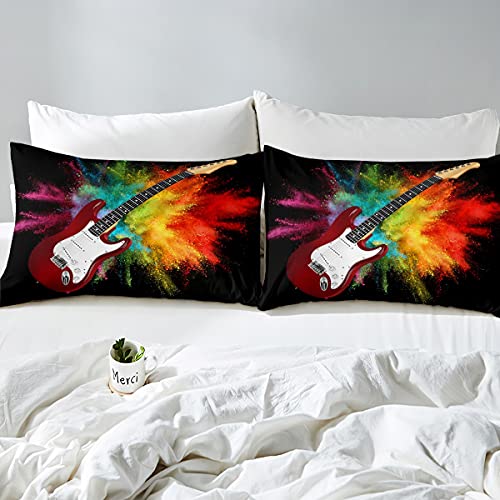 Homewish Guitar Duvet Cover King For Kids Teens Adults,Rock Music Theme Bedding Set Hip hop Electric Guitar Comforter Cover Rainbow Tie Dye Bedspread Cover With 2 Pillow Cases Black - Image 3
