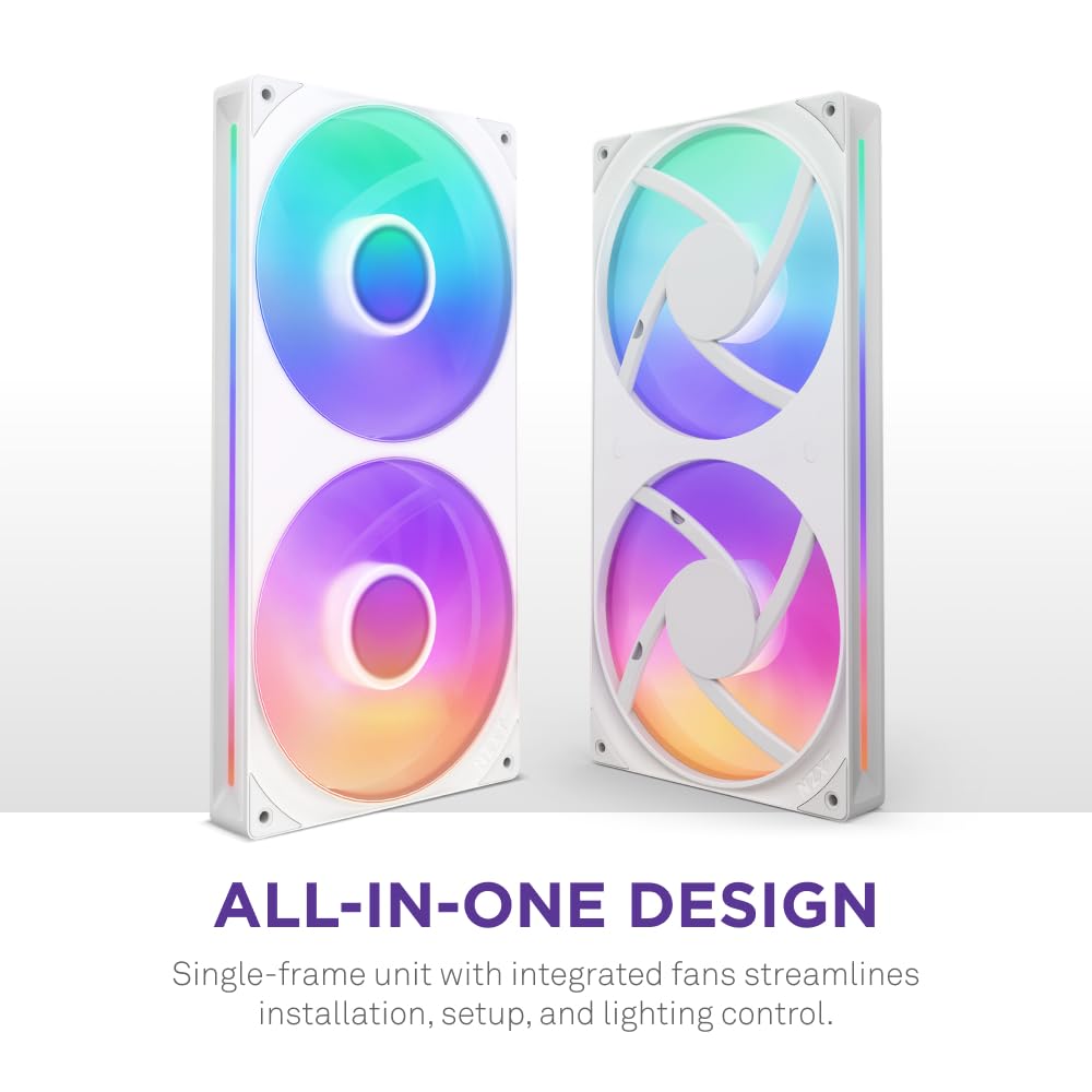 NZXT F280 RGB Core - Wentylator RGB single-frame 280mm - Biały | Zestaw single-frame 280mm z dwoma wentylatorami RGB 140mm na jednym kablu. Prędkość i podświetlenie sterowane przez CAM.