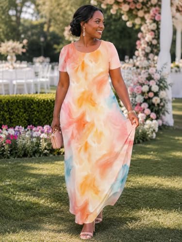 Image of SUZONANA Plus Size Maxi Dress for Curvy Women Summer Casual Sundress Short Sleeve Loose Vacation Dress