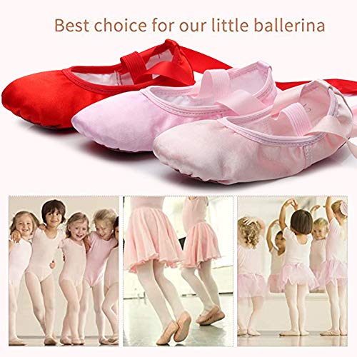 JUODVMP Girls Ballet Dance Shoes Satin Slippers Gymnastics Flats Split Sole with Ribbon,Model TJBLDM3