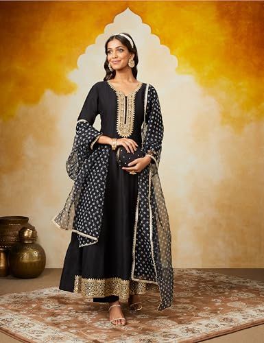 Image of Amazon Brand - Myx Women's Embroidered Anarkali Kurta Pant Set with Organza Dupatta | A-line fit (Available in Plus Sizes)