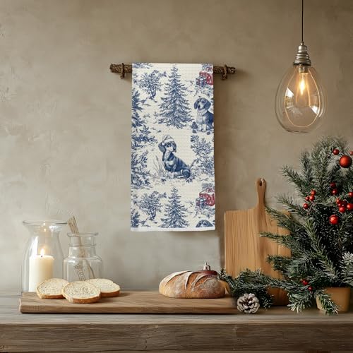 Image of Blue Dachshund Christmas Kitchen Towels,Vintage Dog Lover Gifts Dish Tea Towels for Kitchen,French Chinoiserie Holiday Decorative Hand Towel for Bathroom, 16x24 Inch