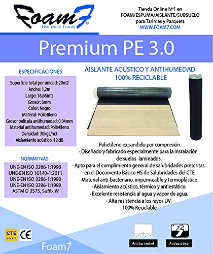 Miniatura 3 de Base Aislante Foam7 Premium Pe 3.0 De 3mm. 20m2 Mejor Estabilidad Tarima Y Parquet Con Film Antihumedad. 30kg M3 Pe Densidad. 100 Ecológico