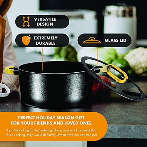 Bruntmor Nonstick Enameled Cast Iron Casserole 4 Quart Round Pot With Gold Handle And Glass Lid Glossy Enamel Dutch Oven, Black #TOP1