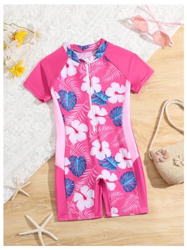 Floerns Toddler Girl's Tropical Print Rash Guard Short Sleeve One Piece Swimsuits4