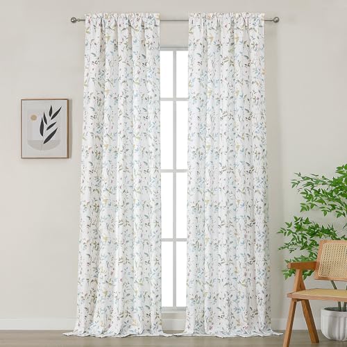 Image of Chyhomenyc Light Filtering 120 Inch Window Curtains - Linen Blend Floral Printed Curtains Drapes for Living Room, Soft Farmhouse Curtain for Bedroom, 52Wx120L Inch, 10 FT, 2 Panels