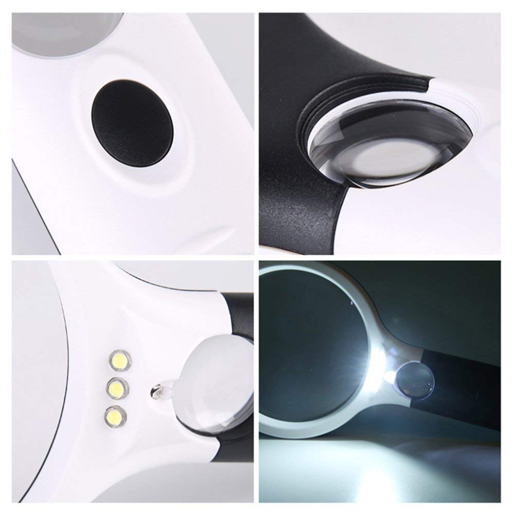 Lupas de Mano con luz LED Lupa Espejo primario 4X Espejo secundario 30X Niños Ancianos Lectura Reparación HD Espejo de identificación, Blanco 26 * 12.3CM Mano
