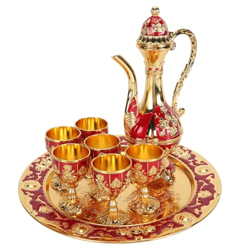 Juego De Té Turco, Tetera Turca Con Bandeja Y 6 Vasos De Té, Juego De Cafetera Turca Vintage, Juego De Tetera Turca, Copa De Vino De Aleación De Zinc Para Gabinetes De Vino, Mostradores De Bar(rojo)