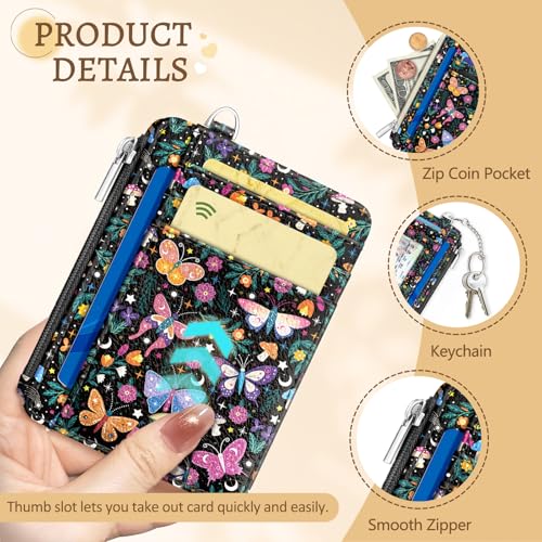 Image of Kelvoris Butterfly Flowers Credit Card Holder Small Wallet Women, Slim RFID | Keychain, Zipper Coin Pocket, Front Pocket Thin Travel Card Case, Minimalist, 6 Card Slots, 1 ID Window, Ladies Gifts Woman