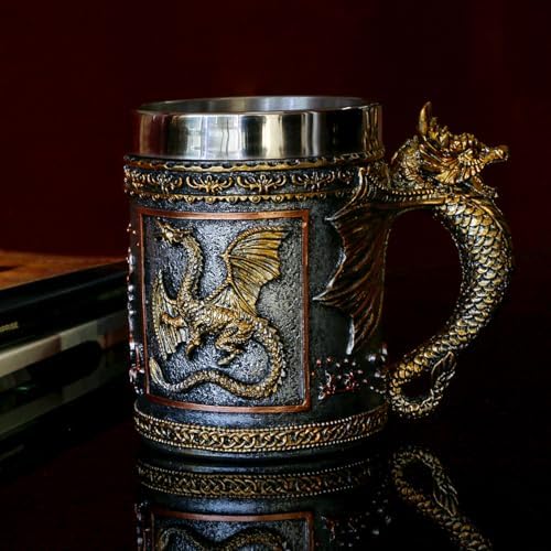 alikiki Medieval D&D Dragon Coffee Mug - 15.8oz Stainless Gold Ro...