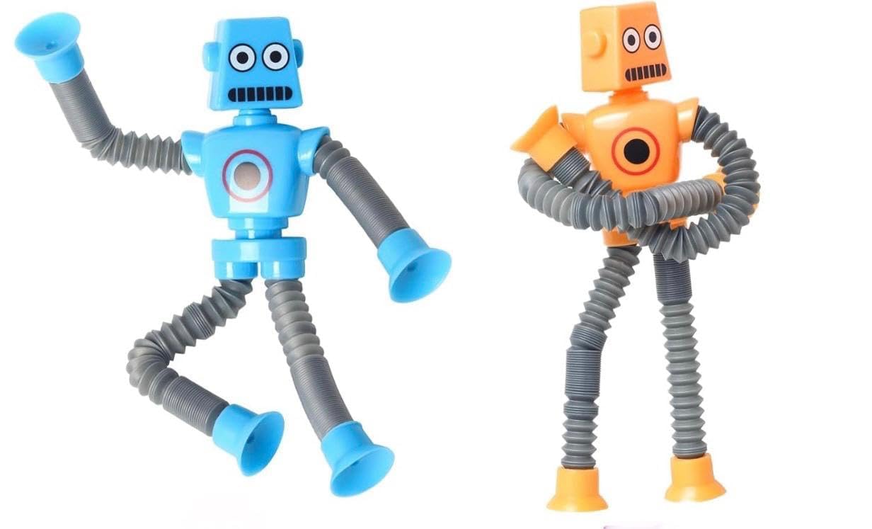 Runmay Pack of 2 Flexible Fighting Robots - Interactive Toy Set with Bendable Arms & Suction Feet - Fun Battling Game for Kids & Adults (Multicolor) (Suction Cup Robot Toy)