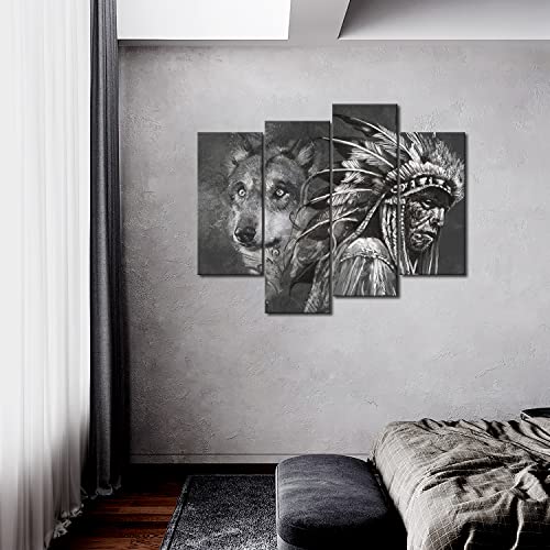 4 Panel Wall Art Black And White Wolf And Indians Painting The Picture Print On Canvas Animal Pictures For Home Decor Decoration Gift Piece (Stretched By Wooden Frame,Ready To Hang) #TOP1