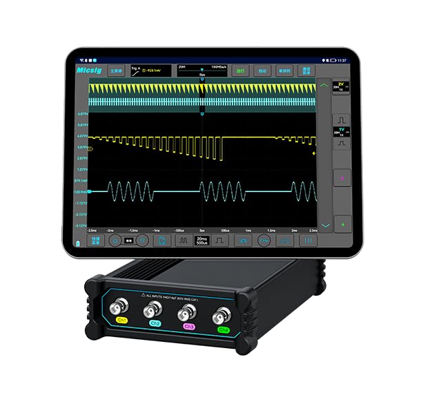 Tablet display showing complex waveforms and measurement parameters on the Micsig oscilloscope application.