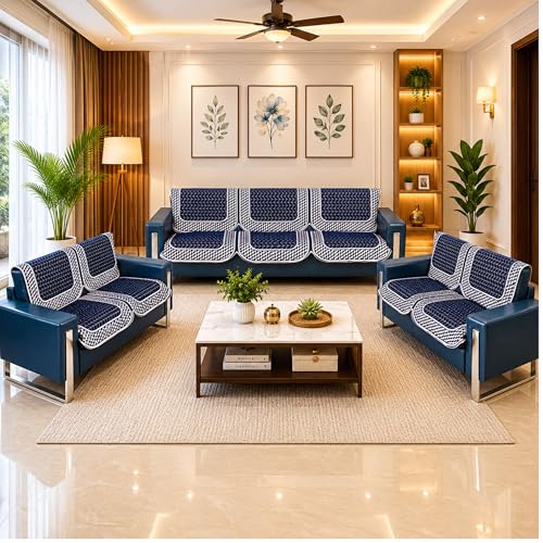 Image of Premium Chenille Woven Anti-Slip 7 Seater Sofa Cover | L-Shape Sofa Seat Protector for Living Room | Durable & Stylish Slipcover - Navy Blue - 3D