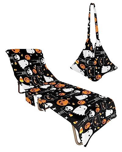 Black Halloween Beach Chair Towel Covers for Chaise Lounge with Side Pocket, Soft Plush Pool Towels Cover for Patio Sunbathing Outdoor 29''x85'' Spooky Pumpkin Ghost Skull Cat Horror