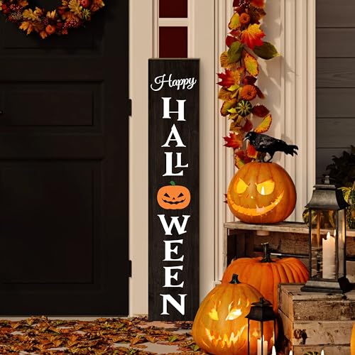 Happy Halloween Porch Sign Ghost Face Pumpkin Front Door Hanging Decor Wooden Vertical Indoor Outdoor Standing Welcome Signs for Garden Home Yard Farmhouse Porch 47.2 x 7.8 Inch