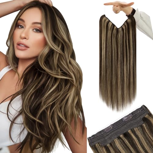 Image of YoungSee Wire Hair Extensions Highlight Wire Human Hair Extensions Dark Brown Highlights Caramel Blonde One Piece Hair Extension Short Straight Hair 12inch 75g